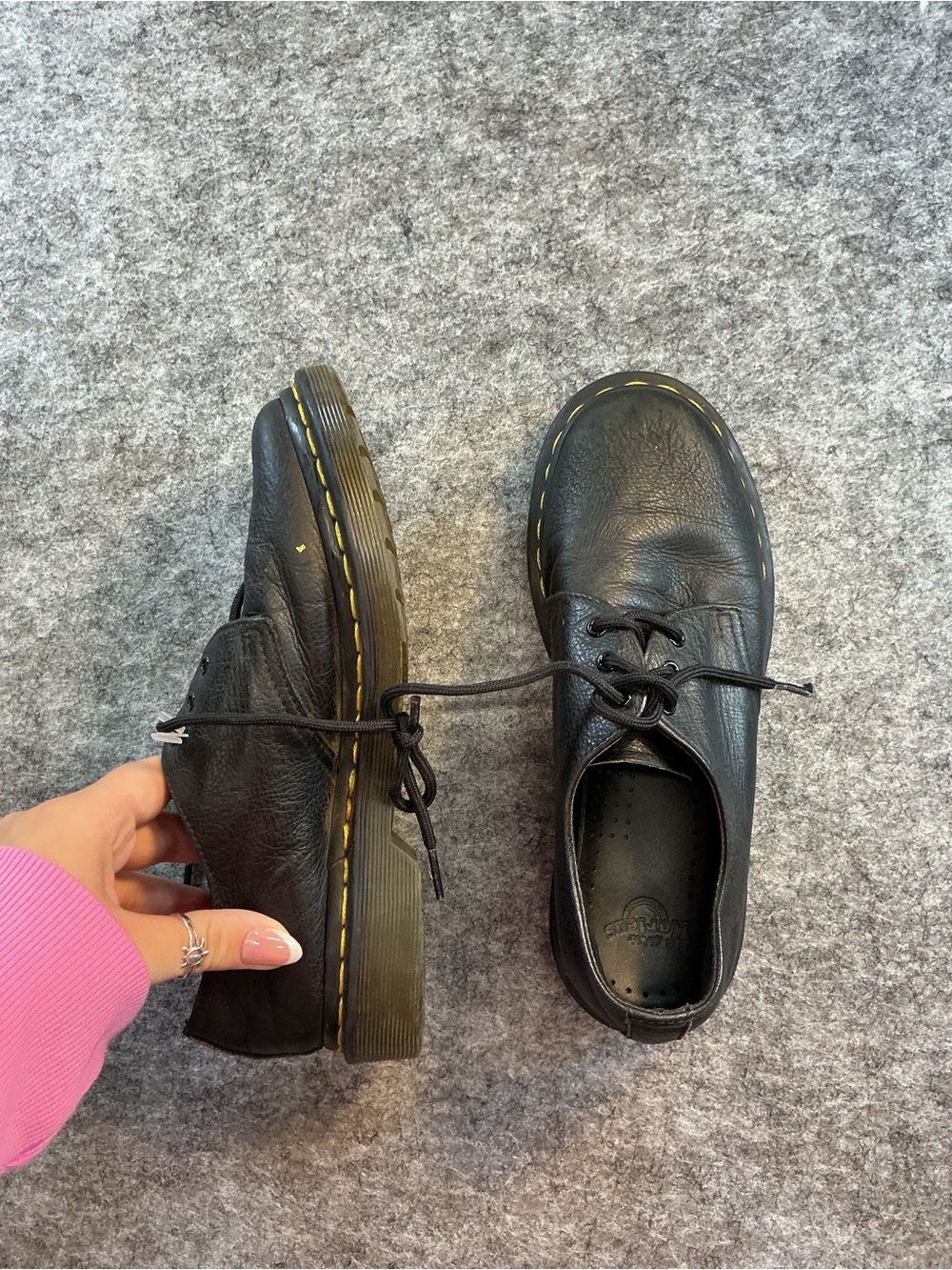 Dr. Marten’s Black Leather Derby Lace-Up Shoes with Yellow Stitch Detailing